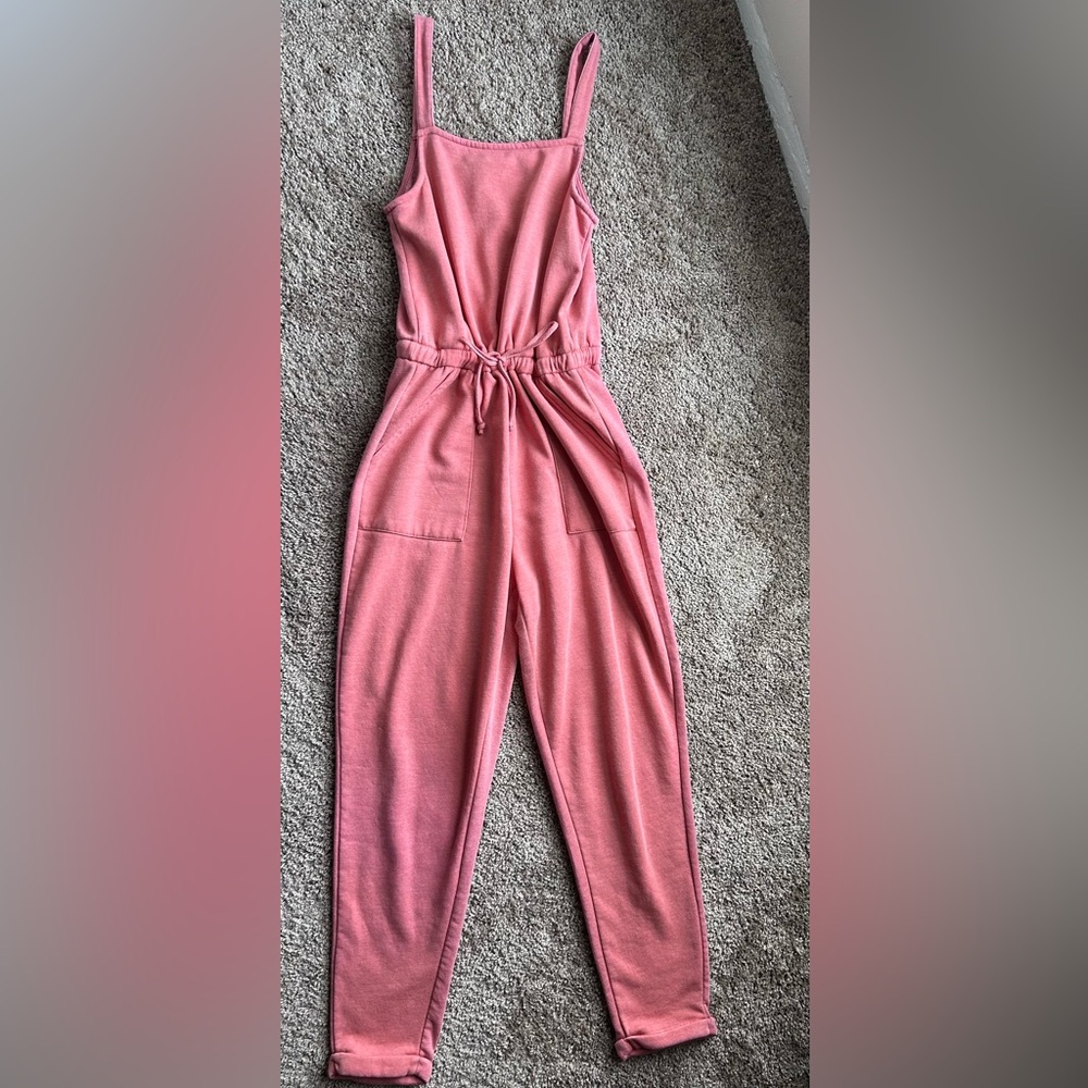 Pink Rose Jersey Lounge Jumpsuit Size S Rose Pink Color Drawstring Pockets-Cute